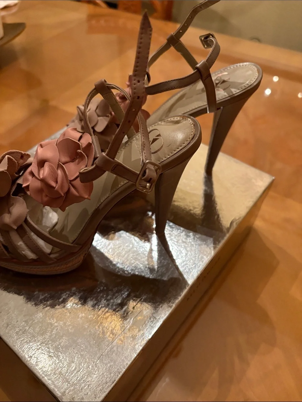 Kelsi Dagger Brown Floral Appliqué Leather Wedge Sandals